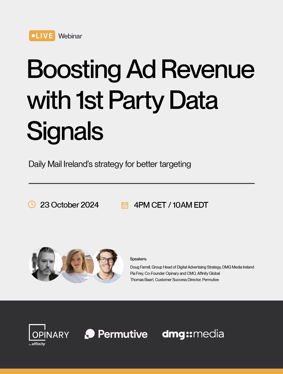 🚨 Last call to sign up for our webinar on 1st-party data with our friends from Daily Mail Group Ireland <a href="/dmgmedia_Irl/">DMG_Media_Ireland</a> and <a href="/Permutive/">Permutive</a> on Wednesday.

Hear how DMG reimagined their ad strategy with CPMs of more than 40%. 

🔗Secure your spot now: events.ringcentral.com/events/boostin…