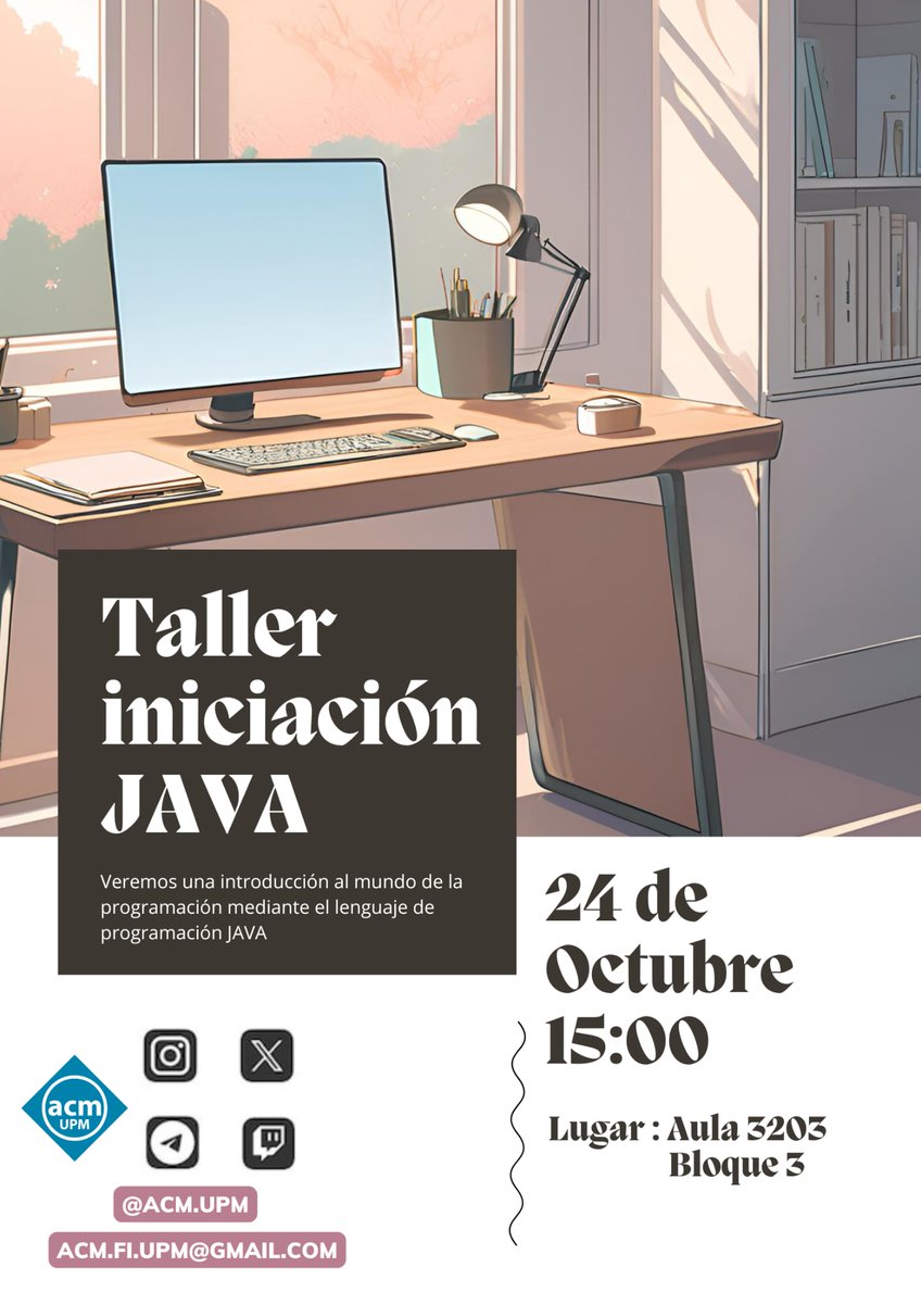 acmupm's tweet image. 🟦¡APRENDE JAVA CON NOSOTROS!☕🟦
El jueves 24 arranca el Taller de Iniciación a Java. Si quieres empezar o reforzar tus bases en programación👩💻, y resolver tus dudas, este curso introductorio es para tí,
no te lo pierdas!! ♨️
Jueves 24 de octubre
aula 3203, Bloque 3