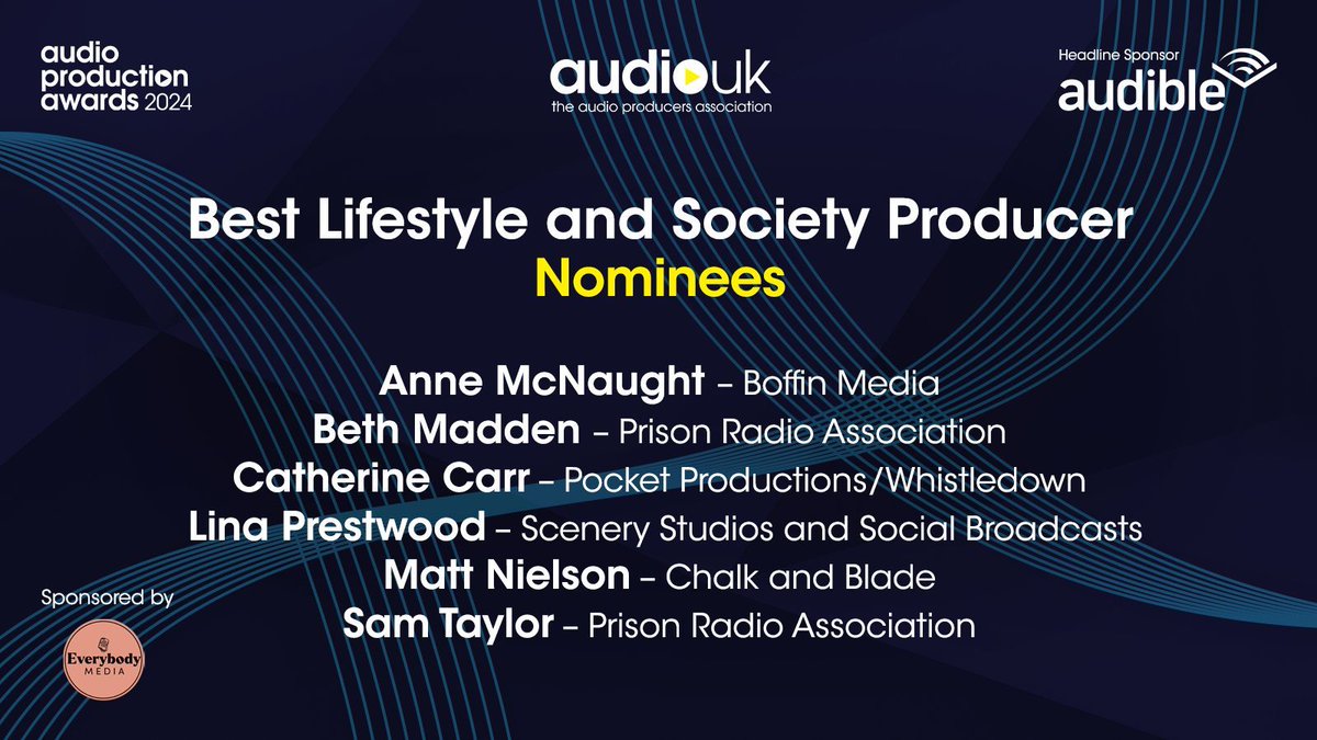 AudioUK (@weareaudiouk) on Twitter photo ⭐️ The nominees for BEST LIFESTYLE & SOCIETY PRODUCER sponsored by <a href="/everybody_media/">Everybody Media</a> are:
<a href="/annefelice/">Anne McNaught</a> <a href="/boffin_media/">Boffin_Media</a>
<a href="/bethanymadden/">Beth Madden</a> @afterprisonpod
<a href="/CatherineECarr/">Catherine Carr</a> Productions/Whistledown
<a href="/LinaLinelli/">Lina Prestwood</a> <a href="/Scenery_Studios/">Scenery Studios</a>
Matt Nielson - Chalk & Blade
Sam Taylor @prisonradiouk ⭐️ The nominees for BEST LIFESTYLE & SOCIETY PRODUCER sponsored by <a href="/everybody_media/">Everybody Media</a> are:
<a href="/annefelice/">Anne McNaught</a> <a href="/boffin_media/">Boffin_Media</a>
<a href="/bethanymadden/">Beth Madden</a> @afterprisonpod
<a href="/CatherineECarr/">Catherine Carr</a> Productions/Whistledown
<a href="/LinaLinelli/">Lina Prestwood</a> <a href="/Scenery_Studios/">Scenery Studios</a>
Matt Nielson - Chalk & Blade
Sam Taylor @prisonradiouk