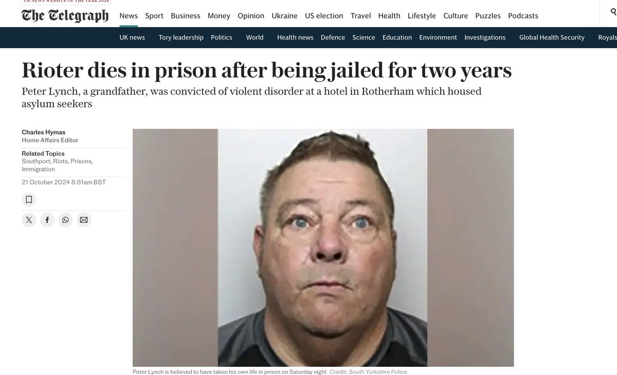 Grandfather, Peter Lynch, 61, has committed suicide at HMP Moorland.

Lynch was jailed for hurty words, not violence.

We know that Enough is Enough protestors are being violently targeted inside prison by Islamist inmates.

Lynch's blood is on Keir Starmer's hands.