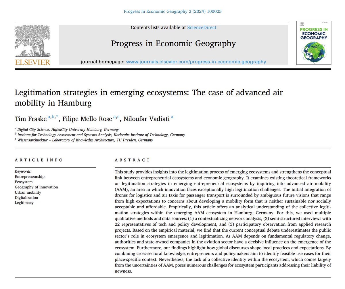 💡New Open Access Alert!

"Legitimation strategies in emerging ecosystems: The case of advanced air mobility in Hamburg" by Tim Fraske, Filipe Mello Rose, and Niloufar Vadiati 

sciencedirect.com/science/articl…