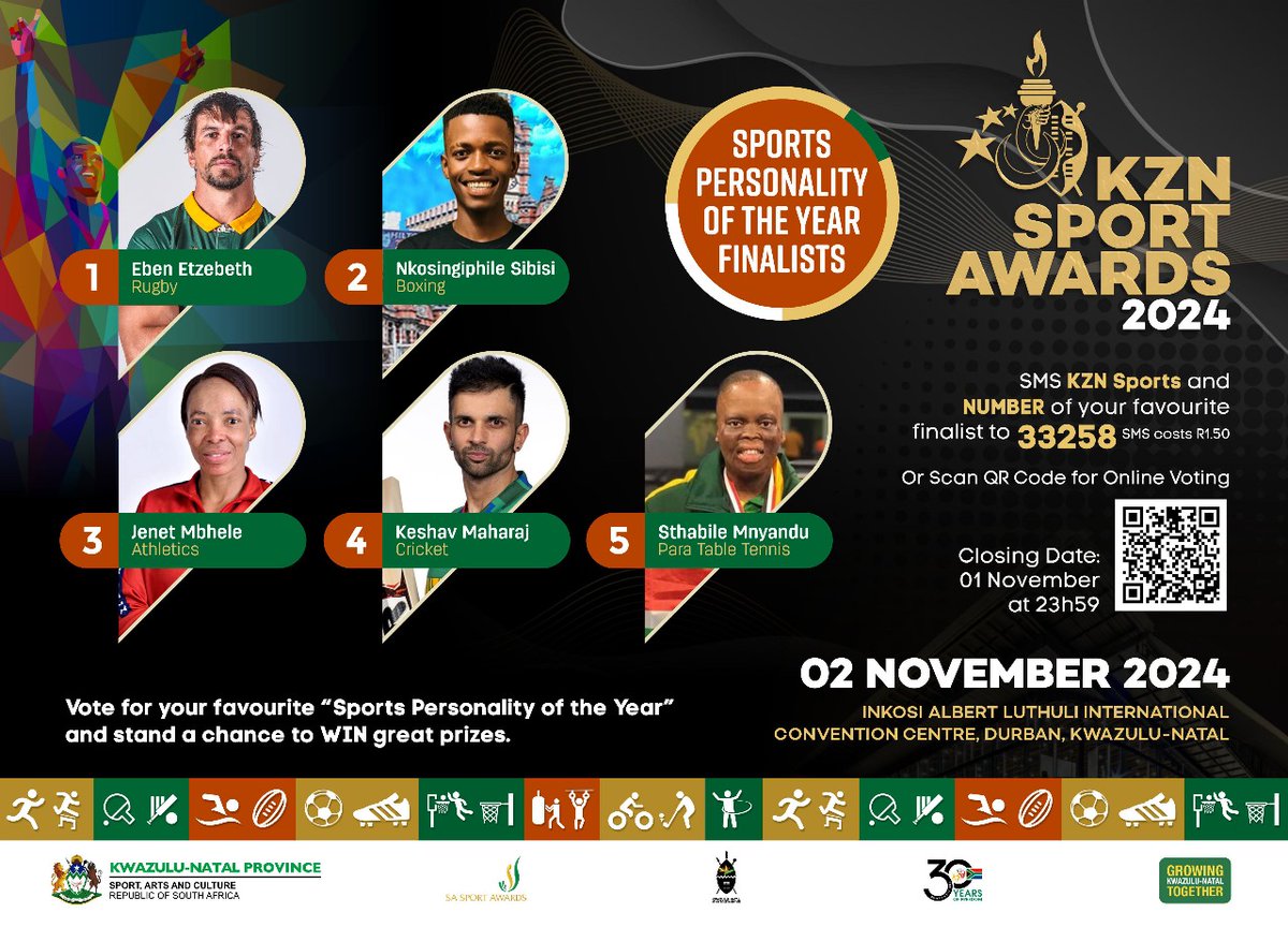 Have you voted for your favourite sports personality in the #KZNSPORTAWARDS2024
#SMSLINE33258 #EZEMIDLALO ⏱️⏲️⏰🕰️⏳⌛️