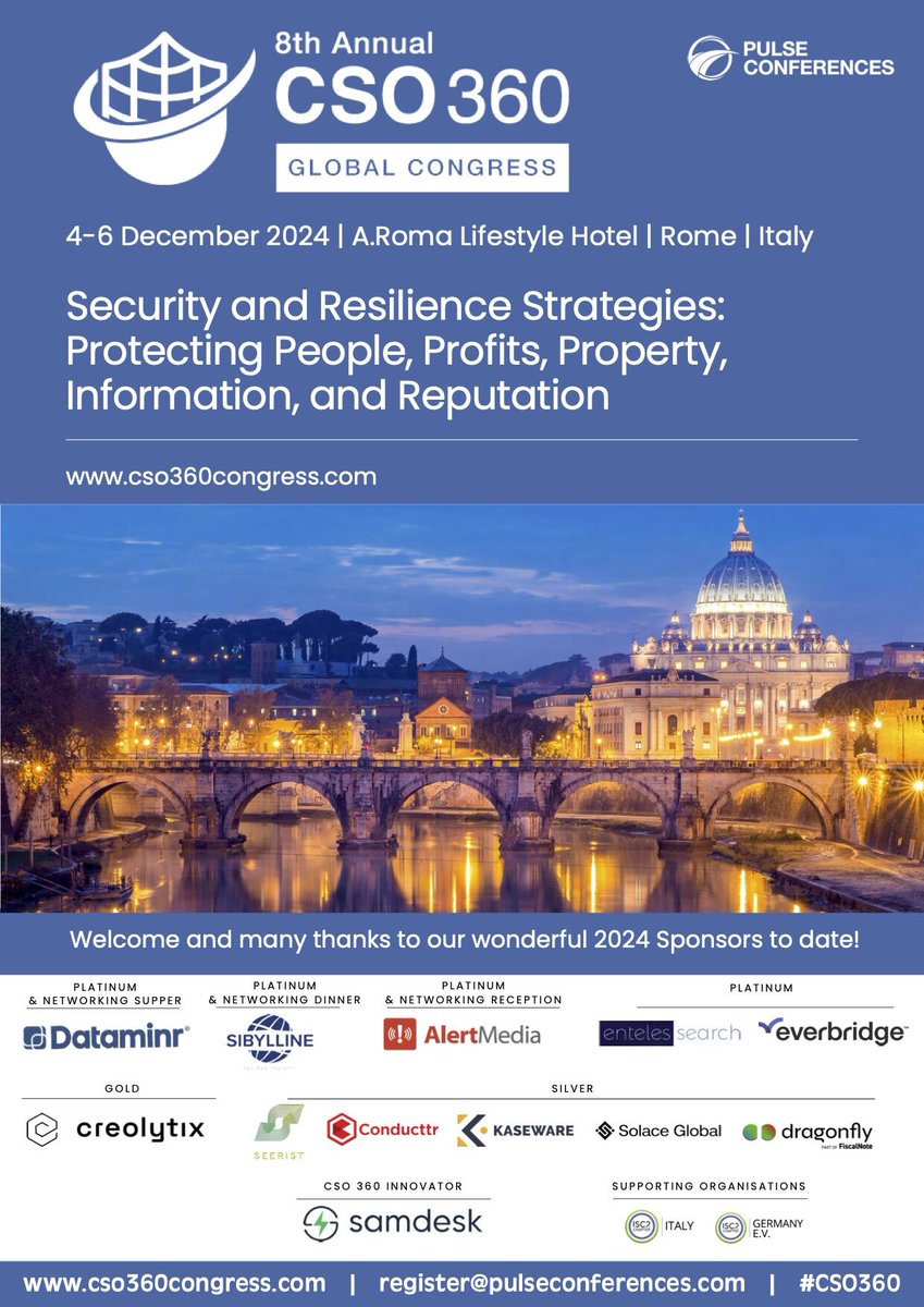 (ISC)2 Italy Chapter celebrates being a Supporting Association the 8th CSO 360 Congress, 4-6 Dec 2024, Rome - 4-6 December 2024 | A.Roma Lifestyle Hotel | Rome | Italy

pulseconferences.com/conference/8th…