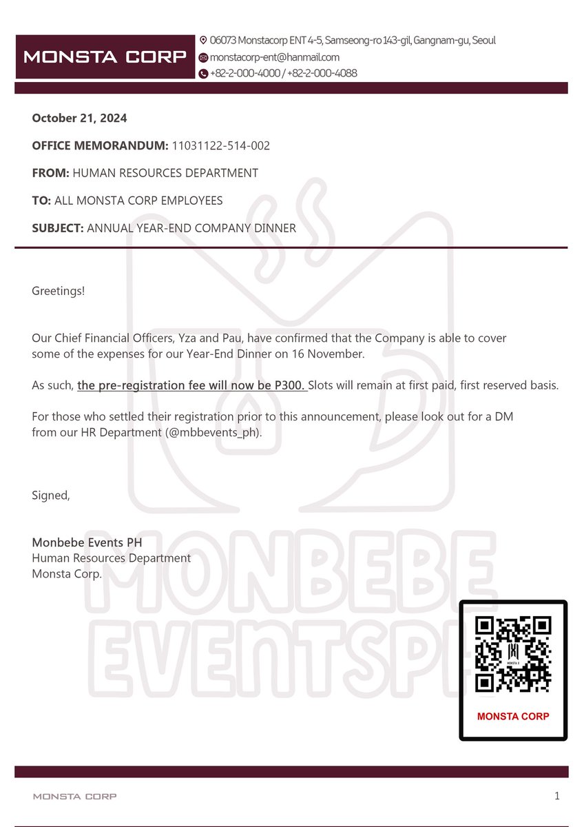mbbevents_ph's tweet photo. 📢 MONSTA CORP ANNOUNCEMENT 📢
Please be informed: we have updates to the terms of the company year-end dinner. You may again RSVP to the event via https://t.co/neWMh6qgjG
See attached memo for full details. Let us know of any questions.
#MonstaCorp #MonstaCorpPartyTime https://t.co/wqTKxVFNdk