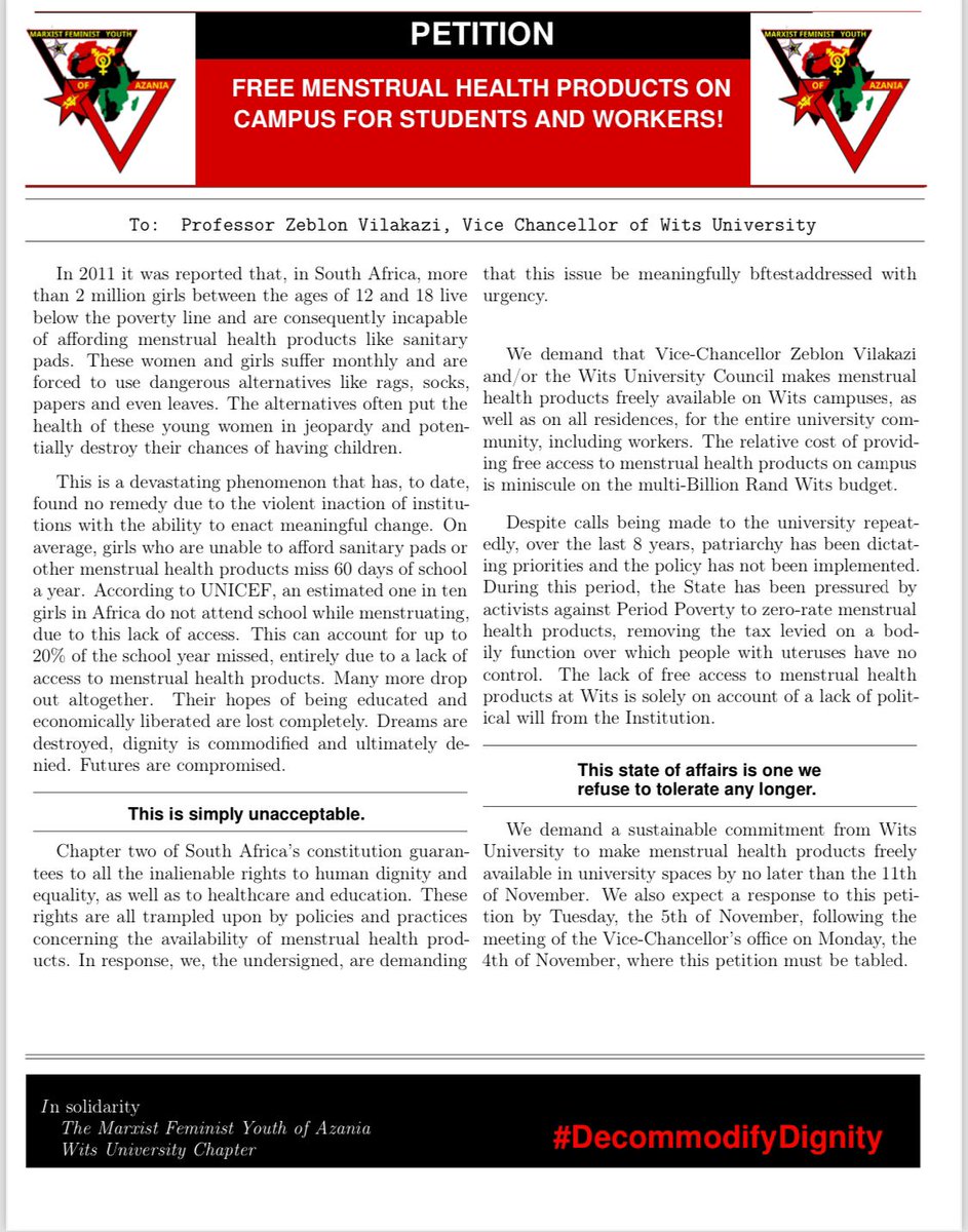 Today, our Wits chapter launches the #DecommodifyDignity campaign for free menstrual health products on campus for students and workers!✊🏾#EndPeriodPoverty

Wits students and staff can sign our petition to the VC here: tinyurl.com/decommodifydig…