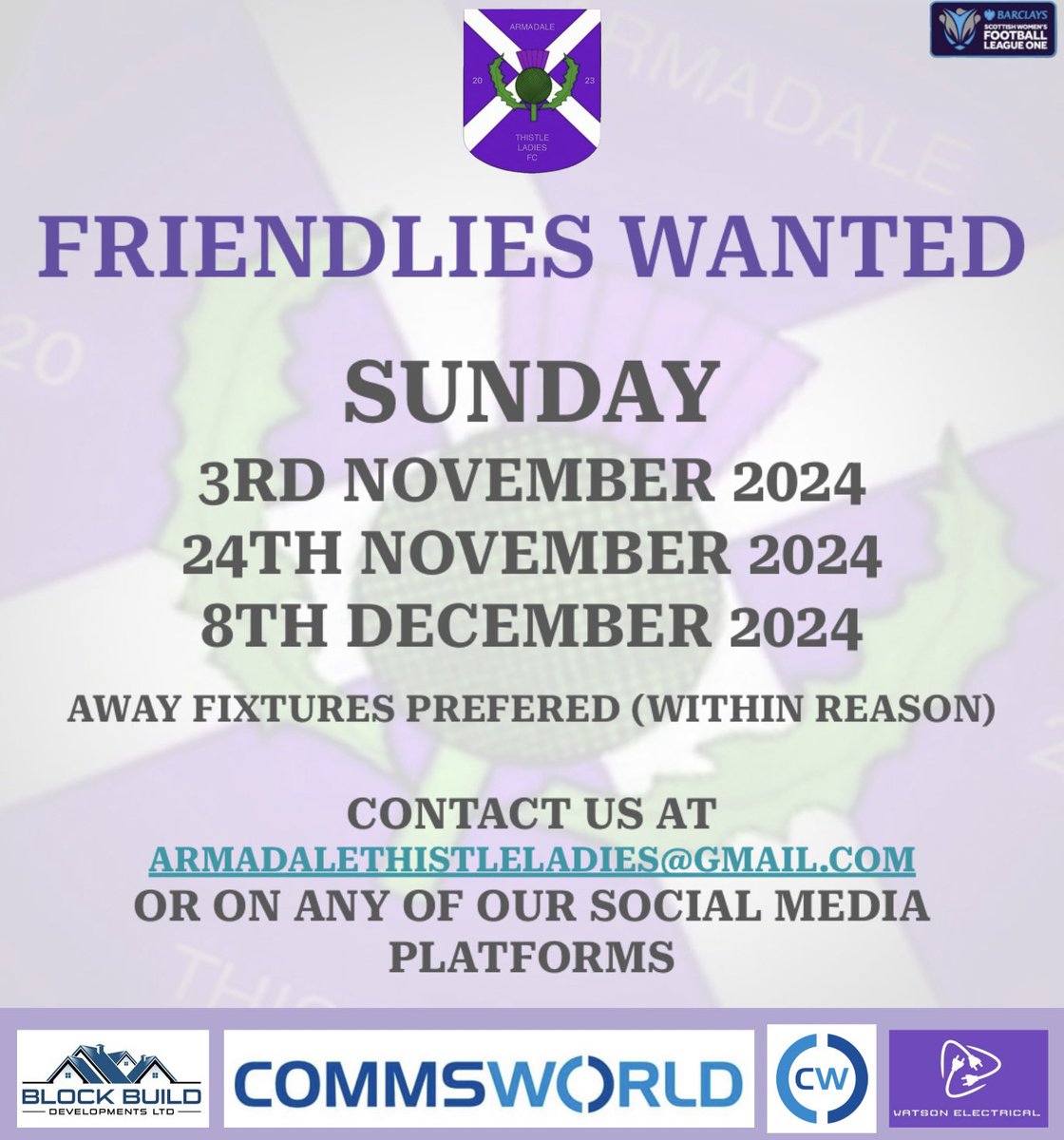 Armadale Thistle Ladies (@armadaleladies) on Twitter photo βΌοΈπ
πππππππππ ππππππ βΌοΈ
Please get in contact if interested
<a href="/Jax_Mc_Media/">Jax Mc Media</a> 
<a href="/Jax_Noticeboard/">Jax Mc Media Noticeboard</a> 
<a href="/GirlsResults/">Scottish Football Results - Girls/Women</a> 
<a href="/SWFLeagueOne/">Barclays Scottish Women's League One</a> βΌοΈπ
πππππππππ ππππππ βΌοΈ
Please get in contact if interested
<a href="/Jax_Mc_Media/">Jax Mc Media</a> 
<a href="/Jax_Noticeboard/">Jax Mc Media Noticeboard</a> 
<a href="/GirlsResults/">Scottish Football Results - Girls/Women</a> 
<a href="/SWFLeagueOne/">Barclays Scottish Women's League One</a>