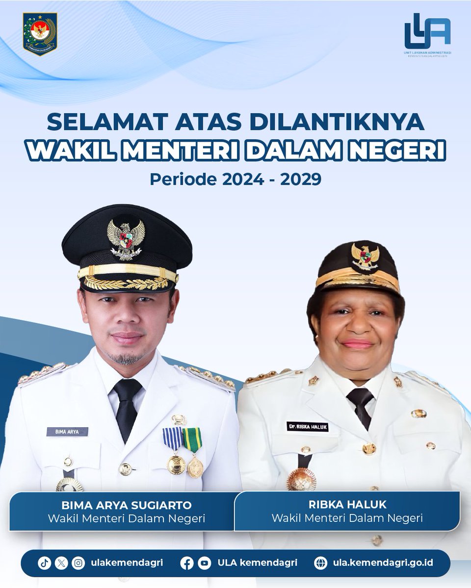 ulakemendagri's tweet photo. Selamat atas pelantikan Wakil Menteri Dalam Negeri yang baru! 

Semoga bapak Bima Arya Sugiarto dan Ibu Ribka Haluk dapat bekerja sama dengan baik dalam menjaga pemerintahan dan meningkatkan pembangunan di seluruh pelosok negeri. https://t.co/K6Asz7In3R