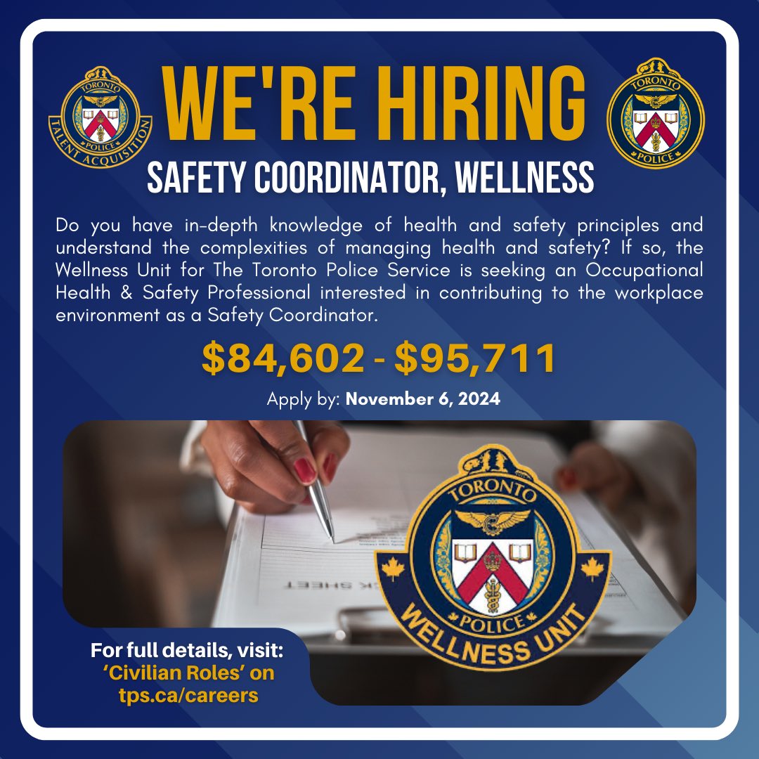 Reporting to the Safety Lead, the Safety Coordinator is responsible for the coordination, support, and administration of existing occupational health and safety programs. 

Interested? Visit tps.ca/careers for full details!