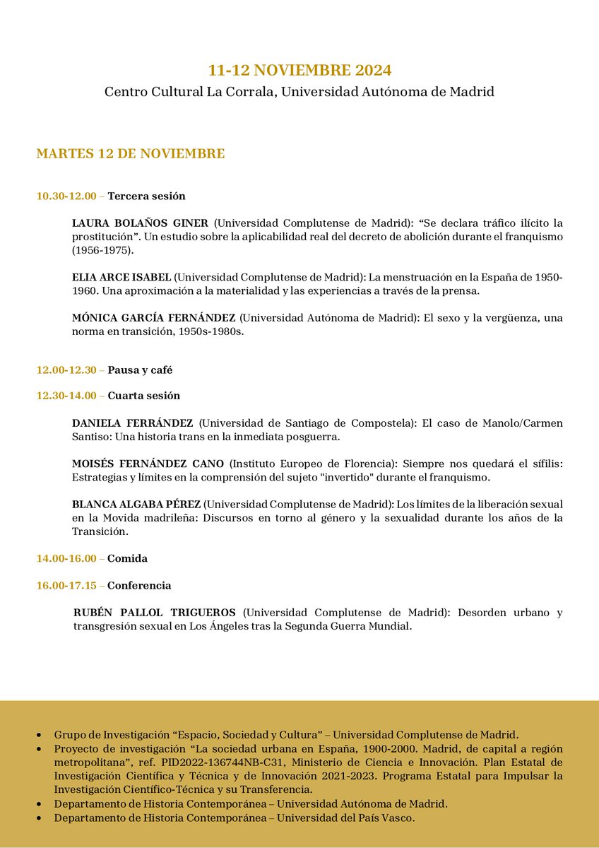 🗣️El sexo en la historia
Si queréis escuchar y compartir debate sobre la construcción de las normas sexuales en España y su transgresión, os esperamos en este evento organizado en conjunto entre la <a href="/UAM_Madrid/">UAM Autónoma Madrid</a> y la <a href="/unicomplutense/">Complutense</a> 
11 y 12 de nov. en el Centro Cultural La Corrala
