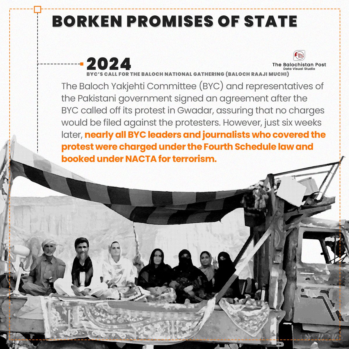 TBPEnglish's tweet photo. 2024: Baloch Raaji Muchi
The Baloch Yakjehti Committee (BYC) and Pakistani government representatives signed an agreement after the BYC called off its protest in Gwadar, assuring that no charges would be filed against the protesters. However, just six weeks later, nearly all BYC https://t.co/O1K9OD1PgK
