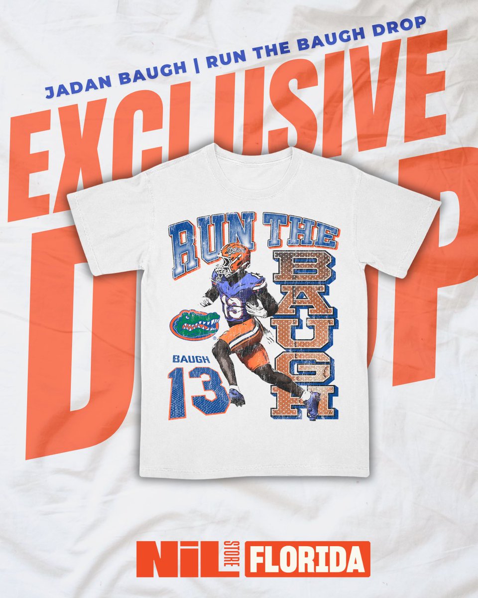 UFNILStore's tweet image. Jadan Baugh’s exclusive “𝐑𝐮𝐧 𝐓𝐡𝐞 𝐁𝐚𝐮𝐠𝐡” drop is NOW LIVE at the Florida NIL Store!
Grab one before they’re gone! Each purchase directly supports Jadan.
SHOP: nil.store/florida/fla-ja…
