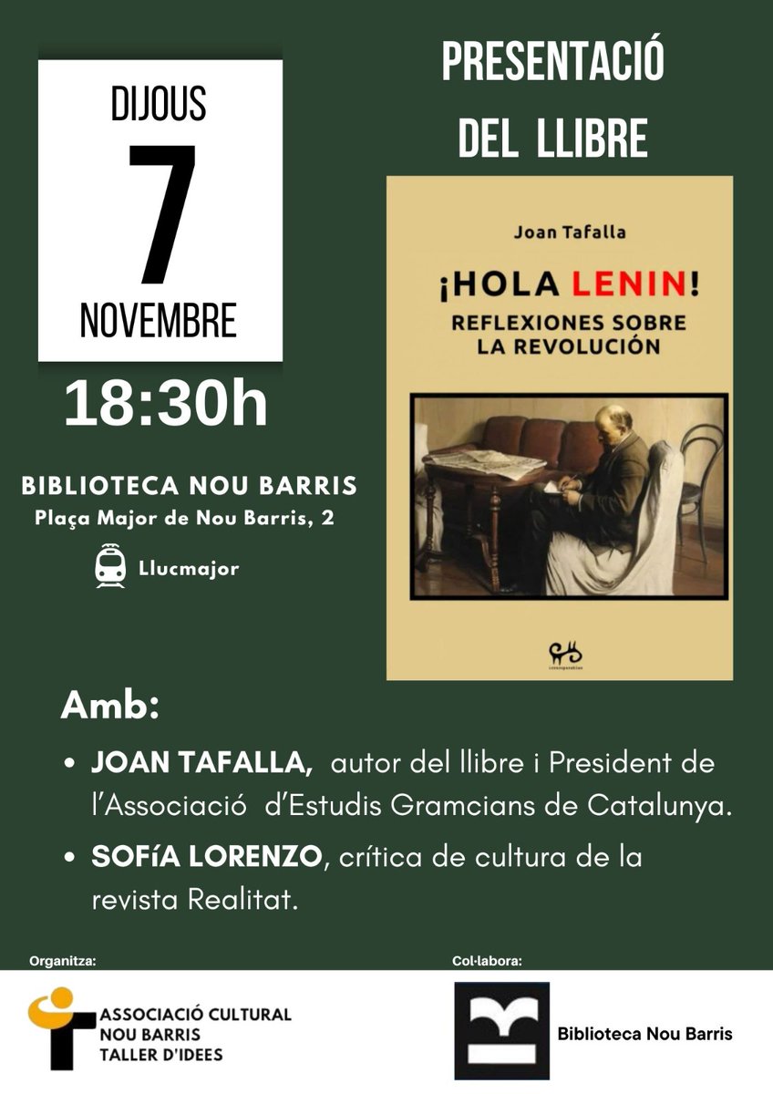 #Lenin arriba a  #NouBarris #9Barris la presentació del llibre
#HolaLenin 
Amb l' autor <a href="/JoanTafalla53/">Joan Tafalla Monferrer</a> i
<a href="/SofiLoGon/">R2-DSof 🇵🇸</a> crítica de cultura de <a href="/larealitat/">realitat*</a>
Quan? Dijous 7-N 18:30h
On? Biblioteca9b

Org.: <a href="/9bidees/">Nou Barris Taller d'Idees</a>
Col : Biblio9B <a href="/BibliotequesBCN/">BibliotequesBCN</a>

Per obrir boca: vientosur.info/resena-del-lib…