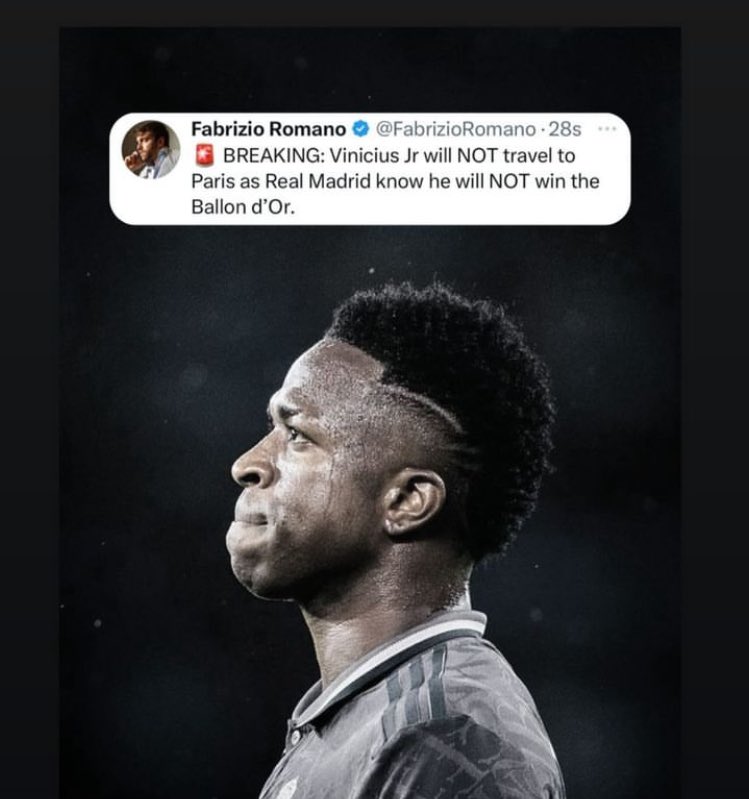 J’suis pas fans de Madrid mais je reconnais que le football devient racist, c’est risqué mais faut l’avouer personne d’autre que Vinicius ne mérite ce ballon d’Or #BalondeOro