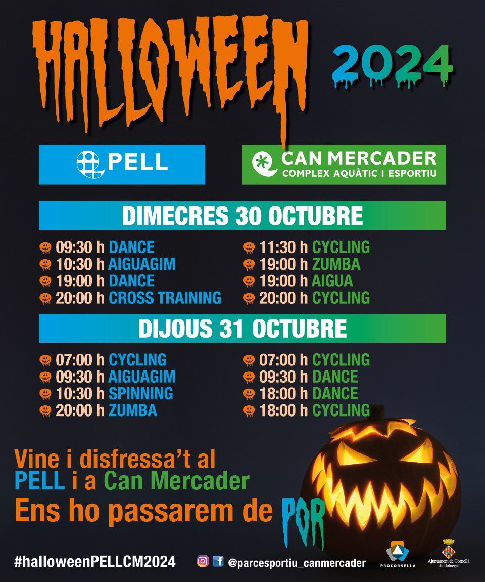 🎃👻 Celebra Halloween amb nosaltres! 👻🎃

Aquest 30 i 31 d'octubre, t'esperem disfressat! Viu l'experiència de fer esport d'una forma divertida i diferent. Sorprèn-nos amb el teu millor disfressa i uneix-te a una jornada plena d'energia... i misteri!