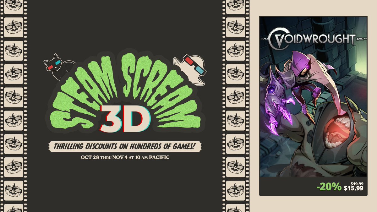 Forget the trick and just treat yourself this spooky season, because Voidwrought is 20% off on Steam as part of Scream Fest 👻 

🎮 Buy Now: bit.ly/3A67exJ 

#kwaleegaming 💛 
#SteamScreamFest #ScreamFest #Halloween #horror #metroidvania