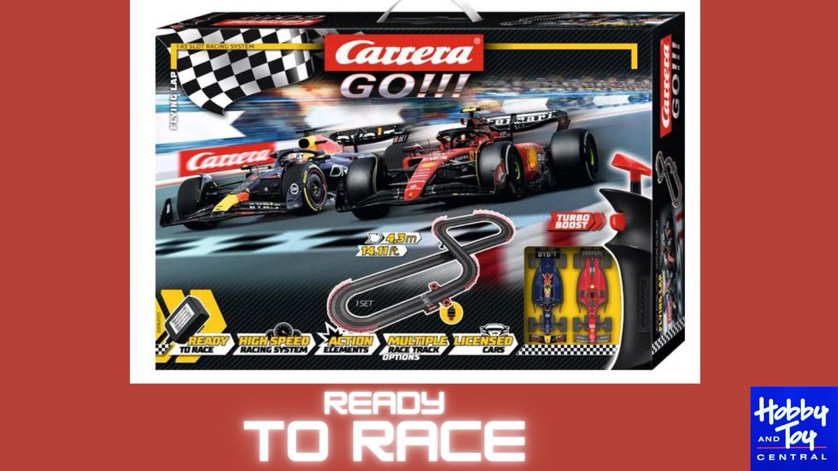 HobbyToyCentral's tweet photo. The Carrera GO!!! Flying Lap set is all about speed. The long straights of the 4.3-metre track invite drivers to push cars to the limit for victory.  With 14' of track &amp; licensed F1 cars, this set is a great  start to a slot car hobby. https://t.co/3czQjDbxFQ https://t.co/euj6vzIkKt