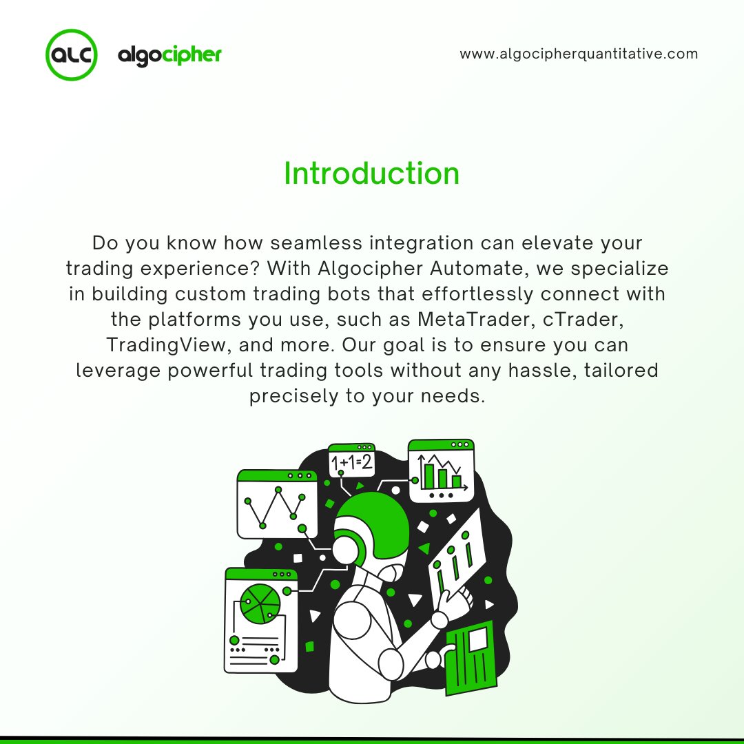 algocipherQT's tweet image. 2/7
With Algocipher Automate, we specialize in building custom trading bots that effortlessly connect with the platforms you use, such as MetaTrader, cTrader, TradingView, and more. 
#algocipherquantitative #thealgocipheradvantage #tradingautomation #NoMoreManual