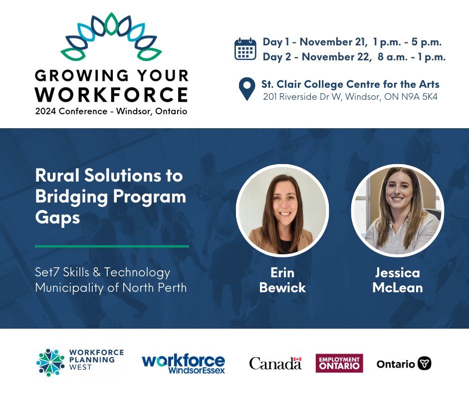 WorkforceWE's tweet image. We are so glad to have Erin Bewick and Jessica McLean as speakers for the 2024 Growing Your Workforce Conference! 🚀

Erin Bewick, Training Coordinator, and Jessica McLean, Manager of Strategic Initiatives at the Municipality of @NorthPerth1, will deliver the presentation "Rural…