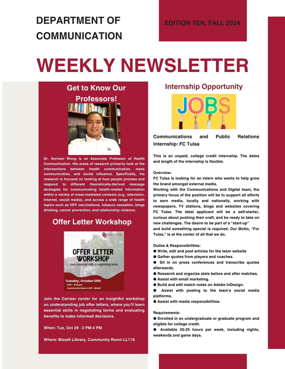 Here is the new Comm Dept newsletter! Everyone have a great week and a safe Halloween👻