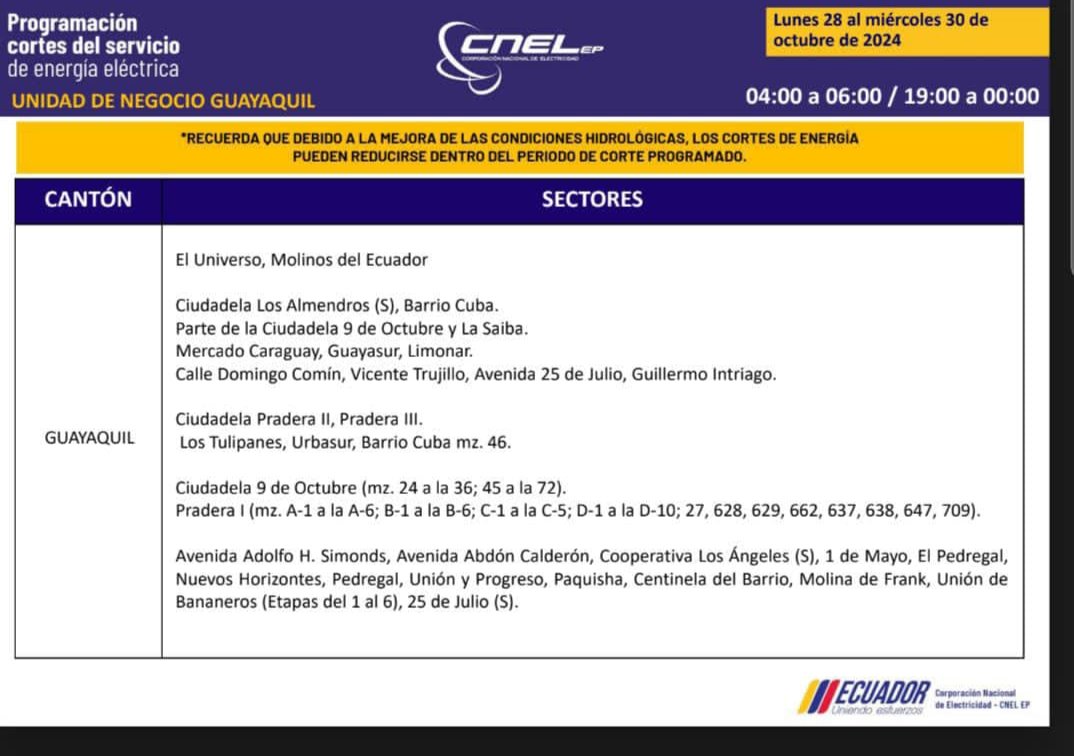 JacqueCastroC's tweet photo. @CNEL_EP @servicioscnelep 
Deben ser justo al momento de hacer sus cronogramas de cortes de energía, esta semana nuevamente parte de la Saiba con el mismo horario de 19h00 a 12h00 y el otro lado solo se va en el día y madrugada. Deben rotar los cortes en el sector por favor. https://t.co/uS4CarMnJr