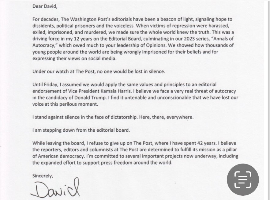 Amy_Siskind's tweet photo. More fallout: WaPo's David Hoffman has stepped down from the paper's editorial board warning of appeasing tyranny:  "I stand against silence in the face of dictatorship. Here, there, everywhere."
Statement 👇 https://t.co/0WYpzDCCpw