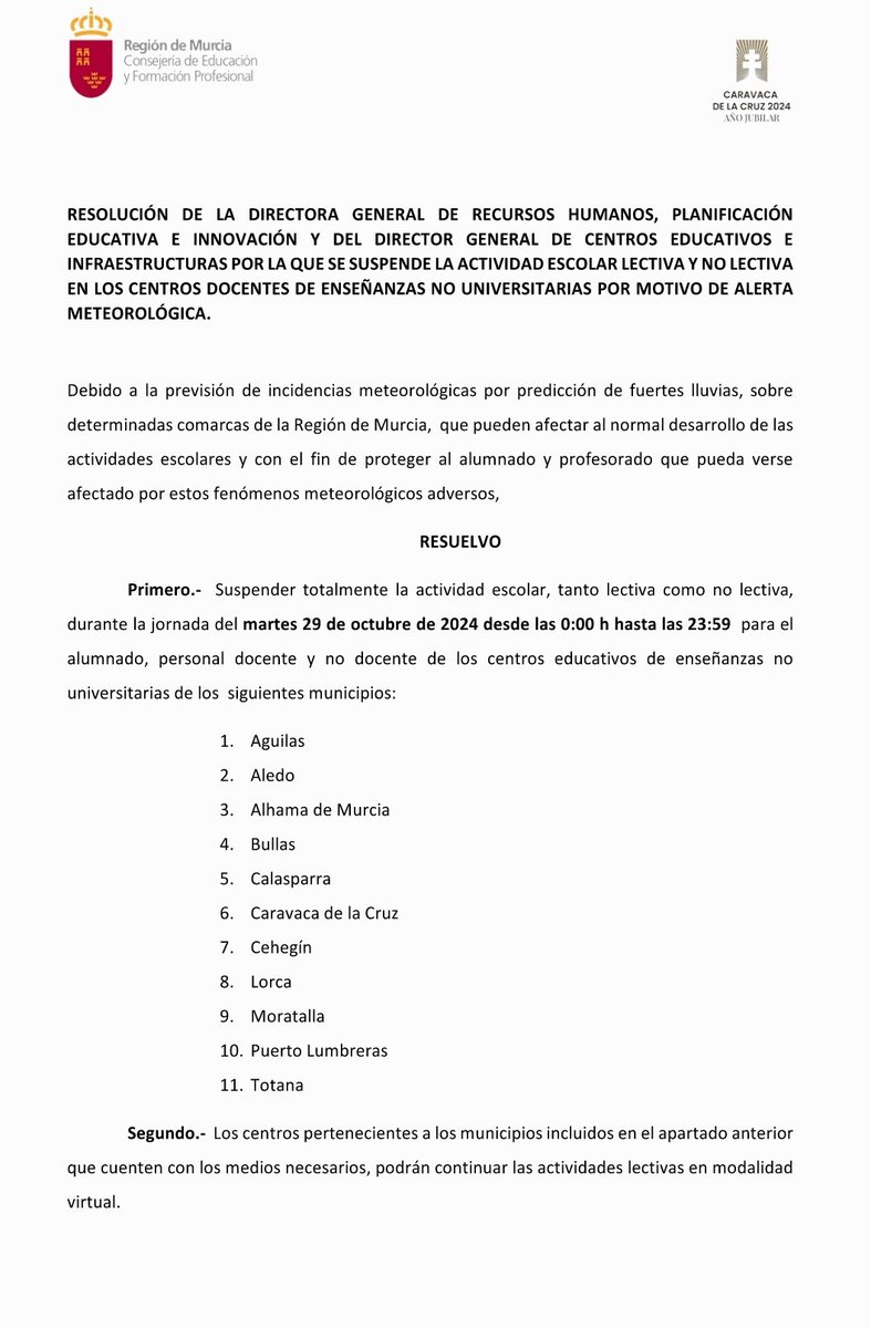 ℹ️🌧 Debido a la previsión de fuertes lluvias, <a href="/Educarm/">Educarm</a> comunica la suspensión de las clases para mañana, martes 29, en los centros educativos del municipio y de la actividad en el Centro de Día de Personas Mayores y el Centro de Atención Temprana.
