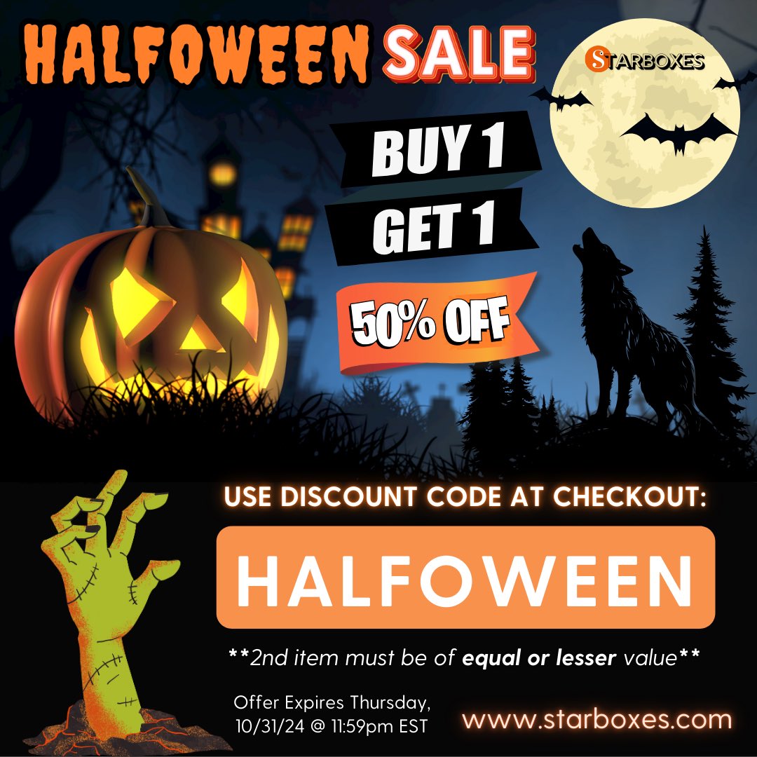 Our Halfoween Sale is going now! Buy 1 item, get the 2nd half off 🎃 Use discount code at checkout: HALFOWEEN 👻 Sale ends on Thursday 10/31/24 ••• starboxes.com #halloween #halloweensale