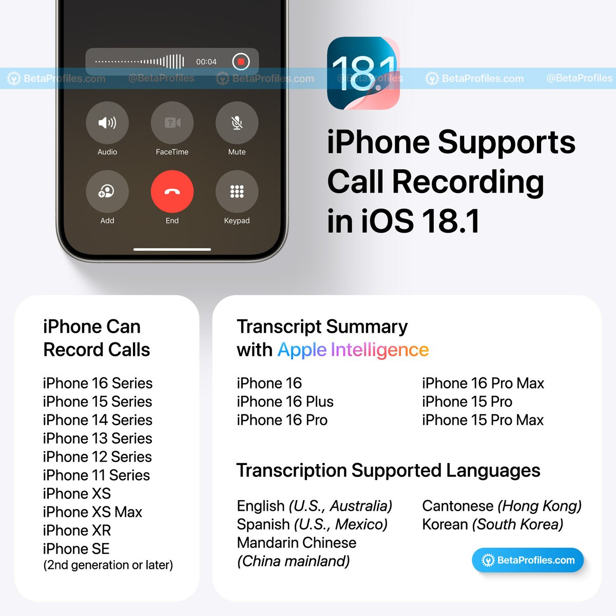 BetaProfiles's tweet photo. All iPhones running iOS 18 can record calls after updating to iOS 18.1. https://t.co/05KicUCNPF