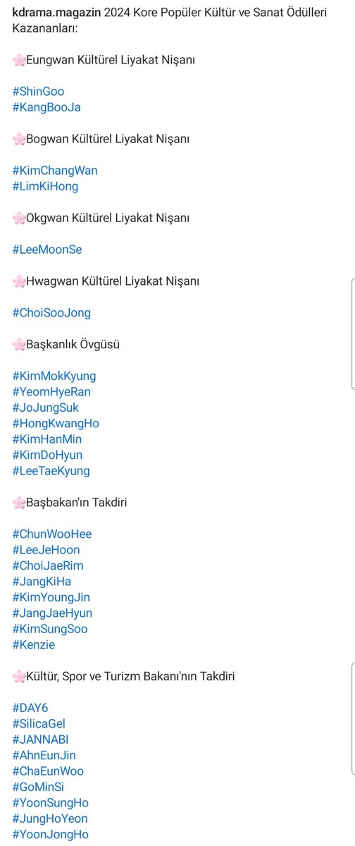 kdrama_magazin's tweet photo. 2024 Kore Popüler Kültür ve Sanat Ödülleri Kazananları:
🌸Eungwan Kültürel Liyakat Nişanı
#ShinGoo
#KangBooJa
🌸Bogwan Kültürel Liyakat Nişanı
#KimChangWan
#LimKiHong
🌸Okgwan Kültürel Liyakat Nişanı
#LeeMoonSe
🌸Hwagwan Kültürel Liyakat Nişanı
#ChoiSooJong https://t.co/acYBPzTgEn
