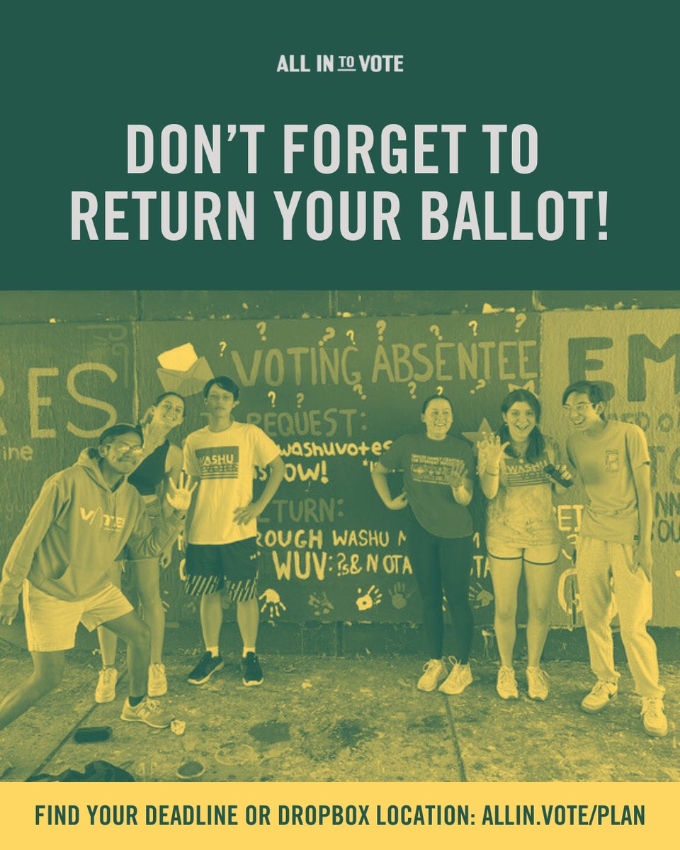 Deadlines are quickly approaching — have you returned your mail-in ballot yet? We recommend sending it back at least a week in advance or returning it at your designated dropbox location to ensure it arrives on time. Find your deadline and dropbox at allin.vote/plan! 📬