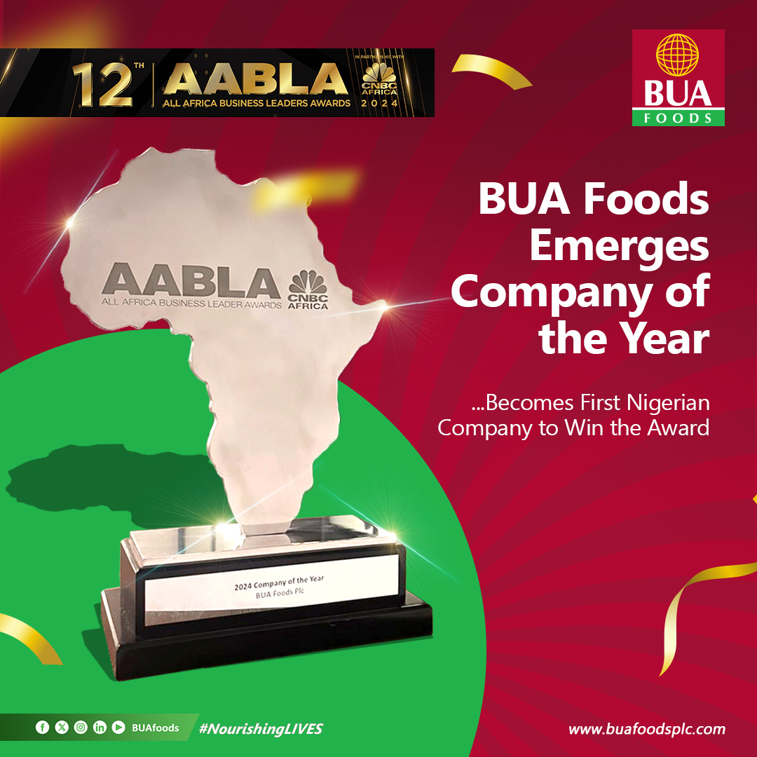 Historic Win!!!

<a href="/BuaFoods/">BUAFoods</a>  is the first Nigerian company to be named Company of the Year at the Africa All Africa Business Leaders Awards (#aablawards) in partnership with <a href="/cnbcafrica/">CNBC Africa</a>!

A huge thank you to our dedicated team, loyal customers, and valued stakeholders for your