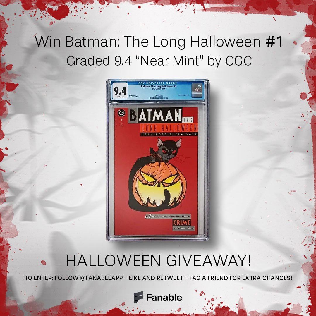 Fanable (@fanableapp) on Twitter photo 🎃 Batman Comic Giveaway 🎃
We are giving away a copy of Batman: The Long  Halloween #1 graded 9.4 “Near Mint” by CGC
To Enter: 
1)  Follow <a href="/FanableApp/">Fanable</a> 
2) Like & Retweet 
Tag a friend for extra chances! 🎃 Batman Comic Giveaway 🎃
We are giving away a copy of Batman: The Long  Halloween #1 graded 9.4 “Near Mint” by CGC
To Enter: 
1)  Follow <a href="/FanableApp/">Fanable</a> 
2) Like & Retweet 
Tag a friend for extra chances!