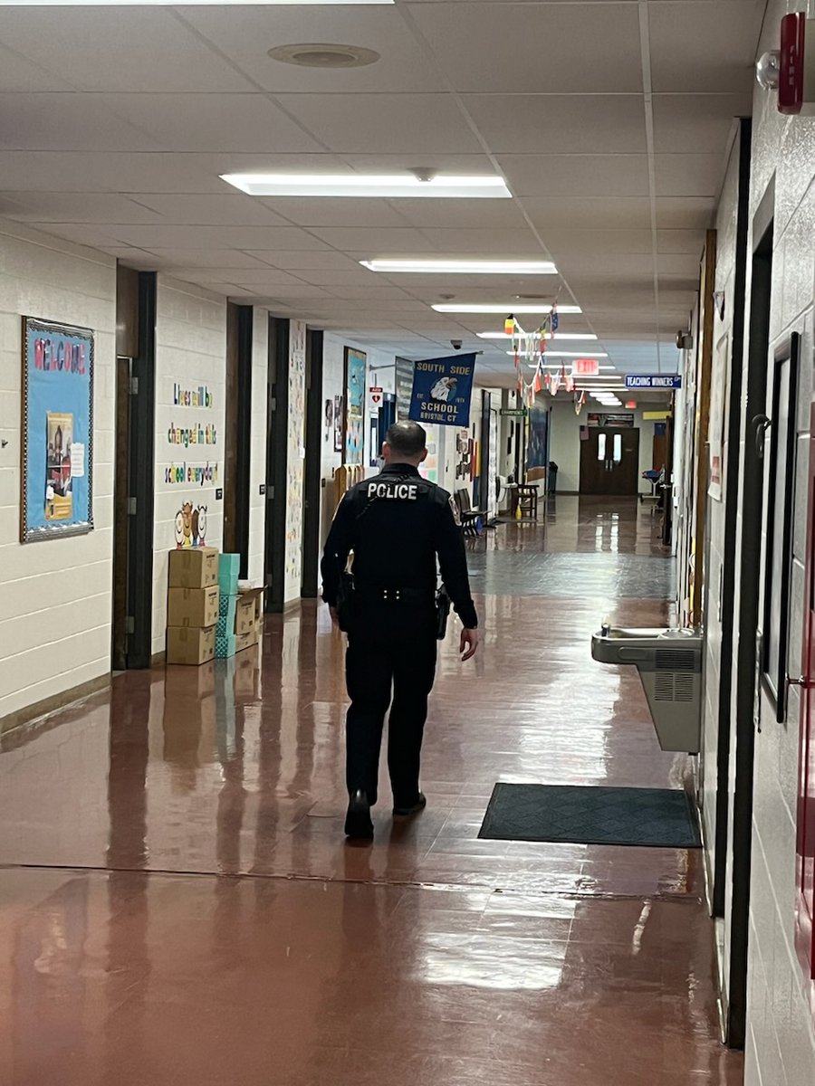DavidJHuber's tweet photo. Best part of my day -- having one of our local officers stop in for a visit to connect with our kids and staff.  Thank you @BristolCTPolice for your partnership!  We appreciate you. @BristolAllHeart #sssct https://t.co/EhYrvgk6Bp