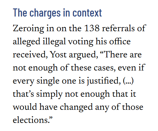 ReichlinMelnick's tweet photo. New indictments filed by the Ohio Attorney General Yost shows the rarity of noncitizen voting. After an exhaustive audit of elections held from 2008 and 2020 led to 138 alleged noncitizens being referred for voting, six have been charged so far. None of the votes changed results. https://t.co/KOn6mPJsl3