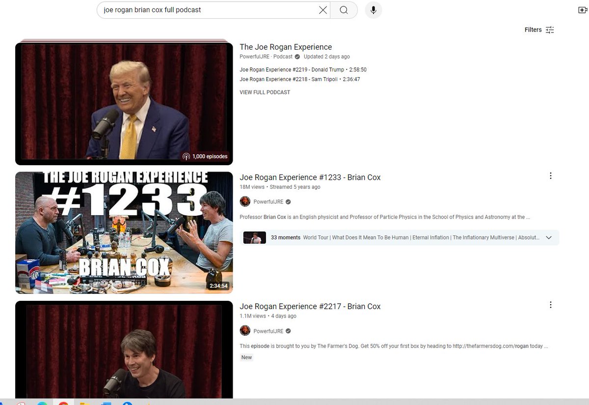 KMWorst's tweet photo. @Jason @YouTube Did a quick AB test on searching "joe rogan donald trump/brian cox/sam tripoli (other recent guests) full podcast". Here are the search results. Nice job Google. https://t.co/GNS7nocK0W