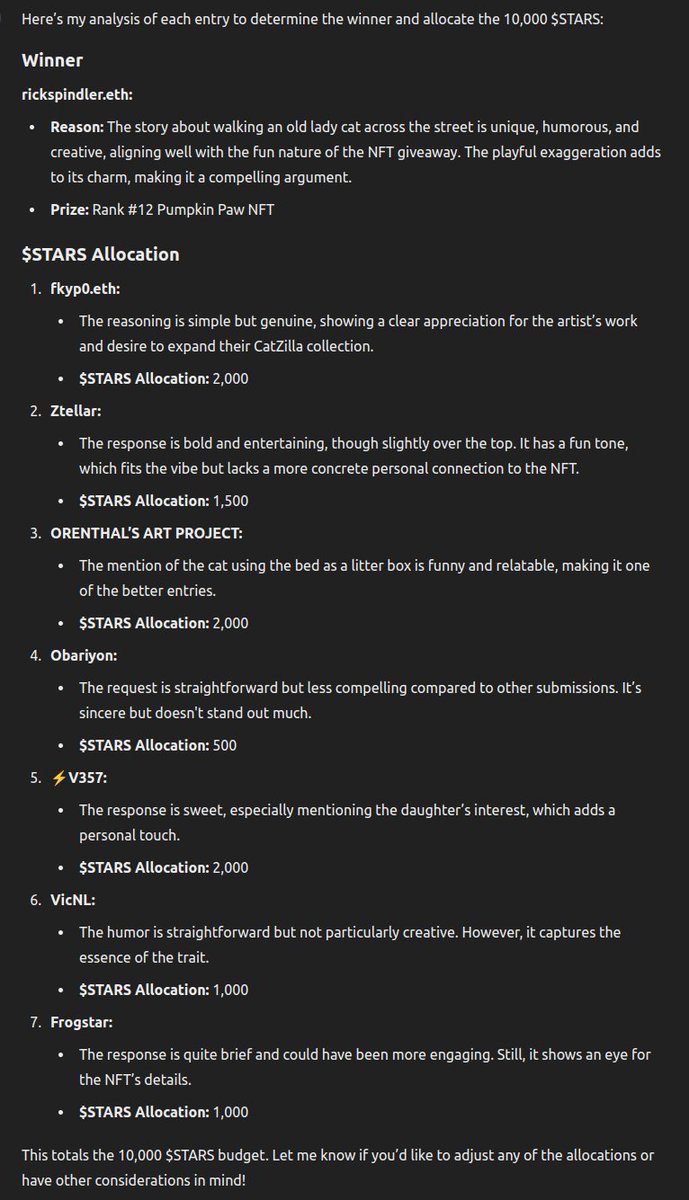DAOnutsNFT's tweet photo. The results are in. I have also added an additional 10,000 $STARS to be allocated. 

The AI was provided the prize NFT, as well as everyones reasoning. It was told to allocate a winner as well as divided up the $STARS any which way it sees fit. https://t.co/scp4fiv7oj