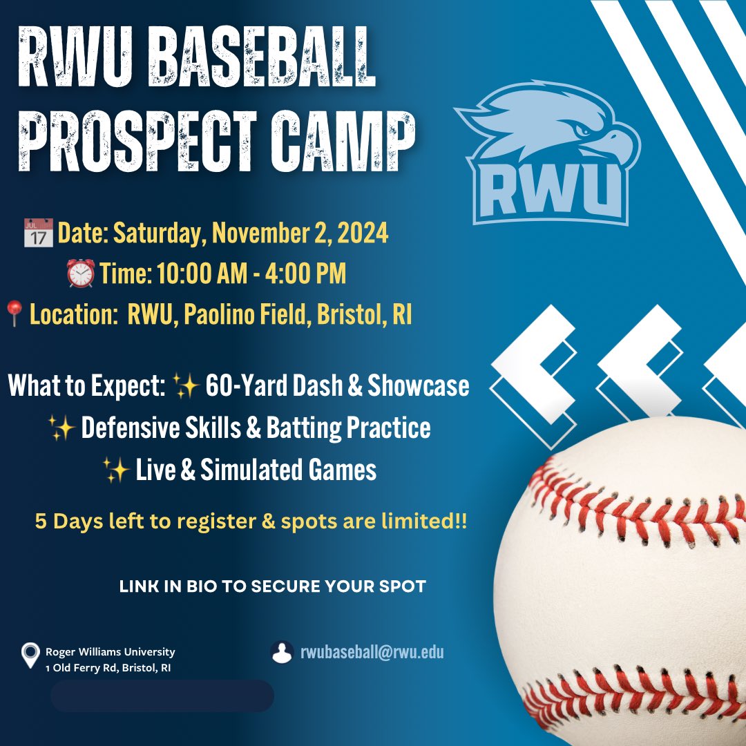 🚨 RWU Prospect Camp Alert! 🚨

Join us at Roger Williams University for a chance to showcase your skills and learn from the RWU coaching staff!