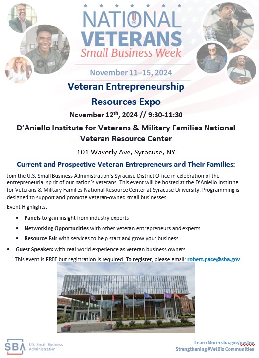 SBA Upstate NY (@sbaupstateny) on Twitter photo National Veteran's Small Business Week is two weeks away! The Syracuse District Office will be at IVMF on November 12th to kick off the week.  
The event is free but attendees must register by emailing robert.pace@sba.gov
hashtag#NVSBW24 National Veteran's Small Business Week is two weeks away! The Syracuse District Office will be at IVMF on November 12th to kick off the week.  
The event is free but attendees must register by emailing robert.pace@sba.gov
hashtag#NVSBW24