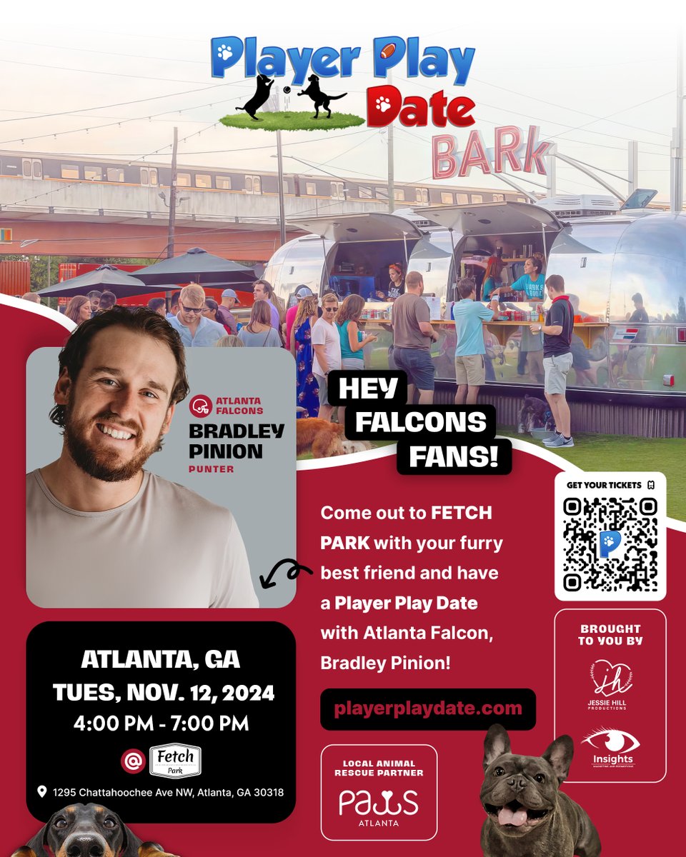 insightsmpc's tweet photo. Falcons fans! On Tues. Nov. 12 come out to Fetch Park with your furry best friend for Player Play Date with Falcons punter Bradley Pinion!

So come on out, bring your pups, let's have some fun and support local animal rescue @PawsAtlanta

#PlayerPlayDate  #DogLovers #Falcons #NFL https://t.co/Tbsqt1x8RV
