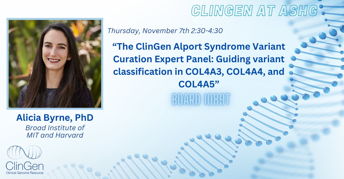 ClinGen (@clingenresource) on Twitter photo Visit <a href="/AliciaBByrne/">Alicia Byrne</a> today at #ASHG24 at poster board 1089T discussing ClinGen's Alport Syndrome Variant Curation Expert Panel’s curation of COL4A3, COL4A4 and COL4A5. Alicia is also a part of the Kidney CDWG who recently put out an invited review in Nature Reviews Nephrology! Visit <a href="/AliciaBByrne/">Alicia Byrne</a> today at #ASHG24 at poster board 1089T discussing ClinGen's Alport Syndrome Variant Curation Expert Panel’s curation of COL4A3, COL4A4 and COL4A5. Alicia is also a part of the Kidney CDWG who recently put out an invited review in Nature Reviews Nephrology!