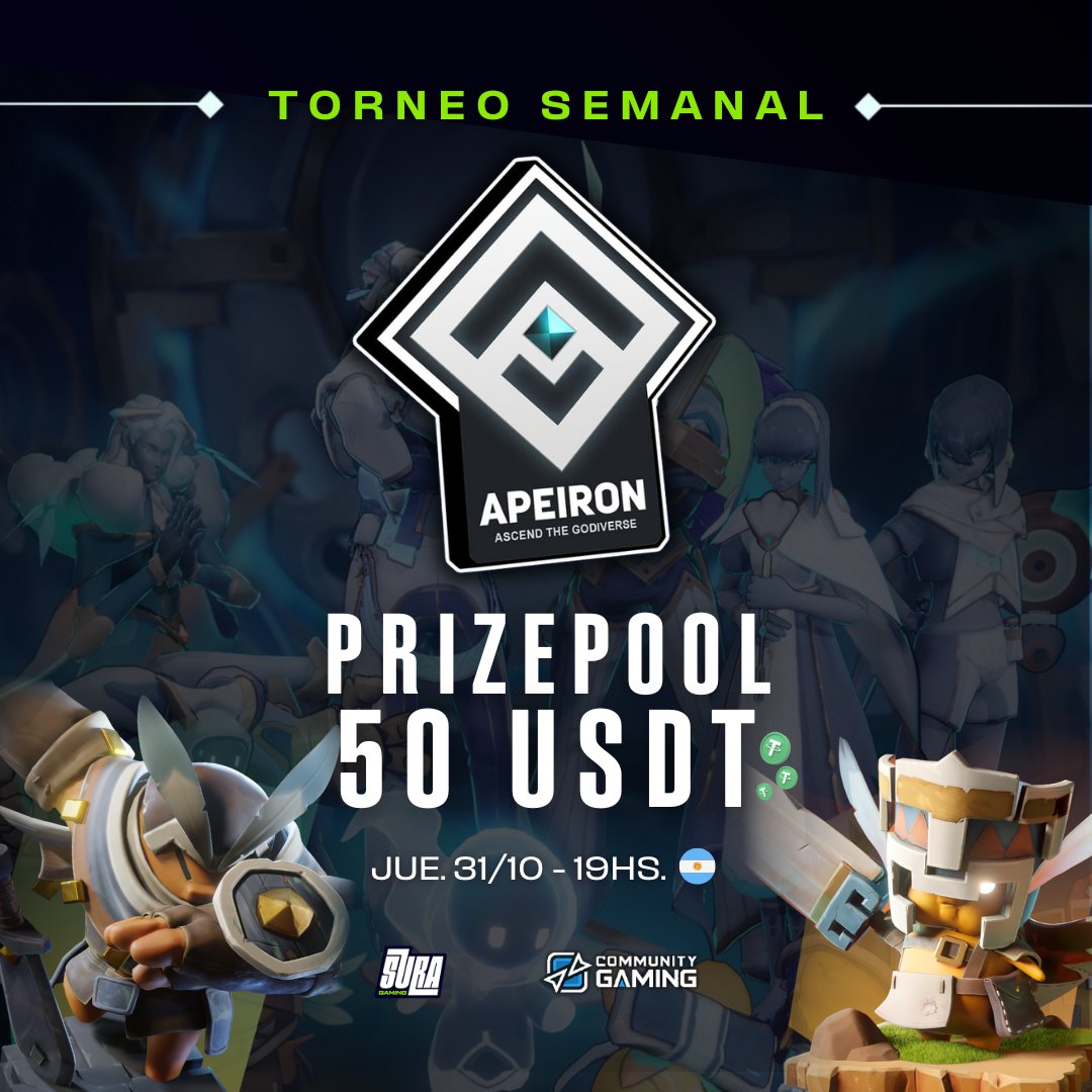 Sura te invita a participar del torneo semanal de <a href="/ApeironNFT/">Apeiron</a> junto a <a href="/CommunityGaming/">Community Gaming</a> y <a href="/CGaming_LatAm/">Community Gaming LatAm</a>! ⭐ 

¡Animate a participar! 🥳  

👉 Registrate: bit.ly/4e7DwX1 
🗓️ Fecha: Jueves 31 de octubre
⏲️ Hora: 19:00 HS  ¡Que gane el mejor! 🎮 
💸  Prizepool: 50 USDT