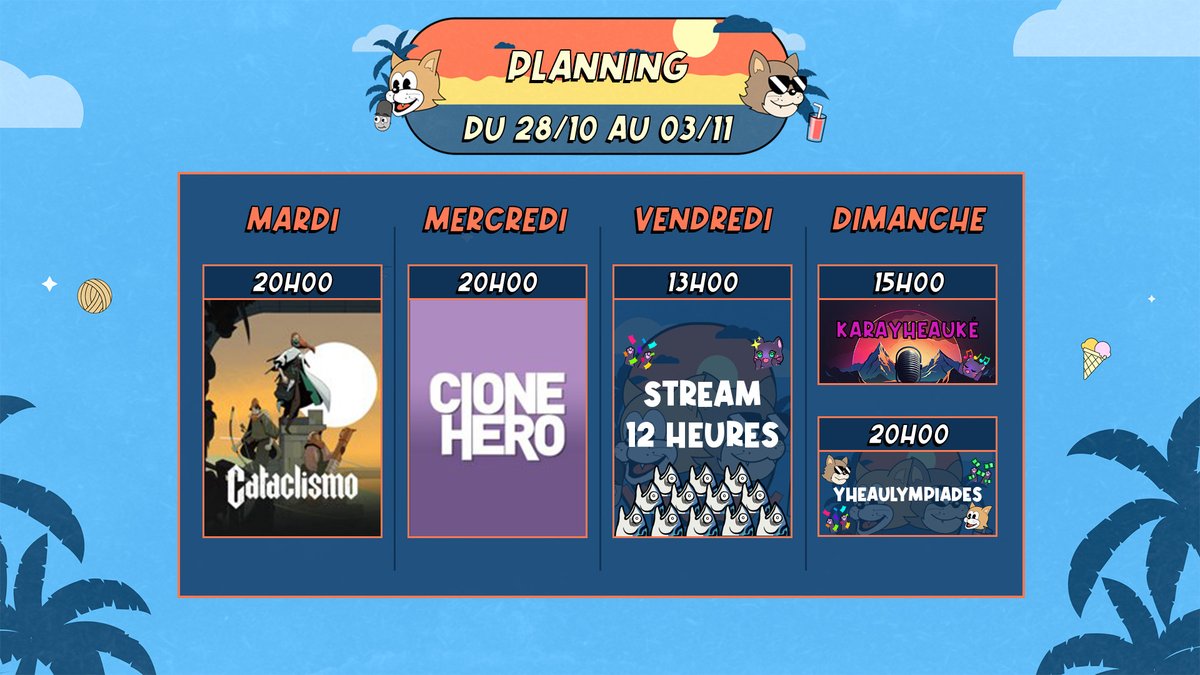 Let's go ce planning de fou🔥
On va bien s'éclater ensemble avec une semaine bien remplie🚀

Découverte de Cataclismo <a href="/DigitalSunGames/">Digital Sun</a>
Du <a href="/CloneHero/">Clone Hero</a> 
Un petit stream 12h
Pour finir le karayheauké et les yheaulympiades🎉

▶ twitch.tv/ejiry

#Twitchfr #gaming