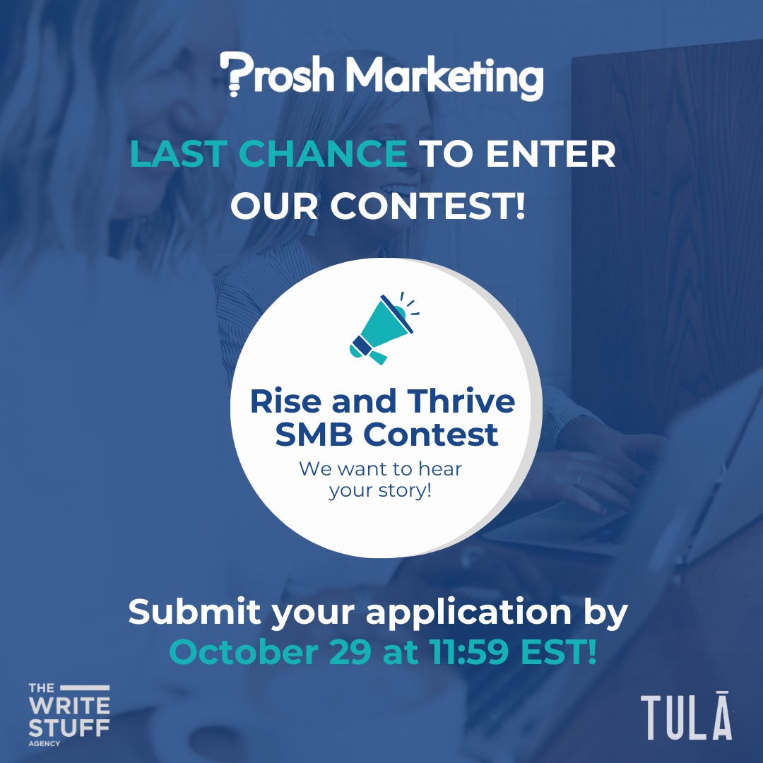 Last Chance to Enter! 
The Rise and Thrive SMB Contest deadline is extended! 🌟 Don’t miss out—win $6,400 in marketing consulting &amp; services. Apply now and elevate your business! 
Link:proshmarketing.com/rise-and-thriv…

 #RiseAndThrive #SmallBusiness #MarketingContest