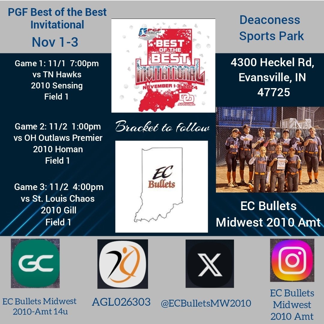 The Bullets will be on the road to Evansville for the <a href="/pgfsuperselect/">MacnSize</a> Best of the Best Invitational!
Follow us on GC or AGL!