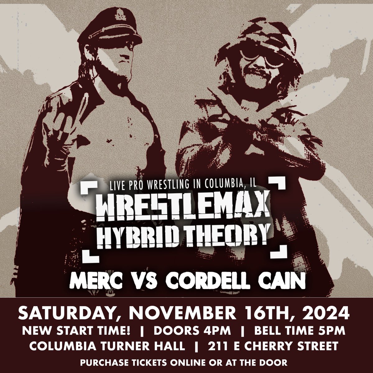 MERC returns to take on rising (rock)star Cordell Cain when WRESTLEMAX presents HYBRID THEORY! 

Saturday, November 16th
Doors 4pm // Bell Time 5pm
Turner Hall in Columbia, IL 

Tickets on sale now! 
🎟️ wmstl.ticketleap.com