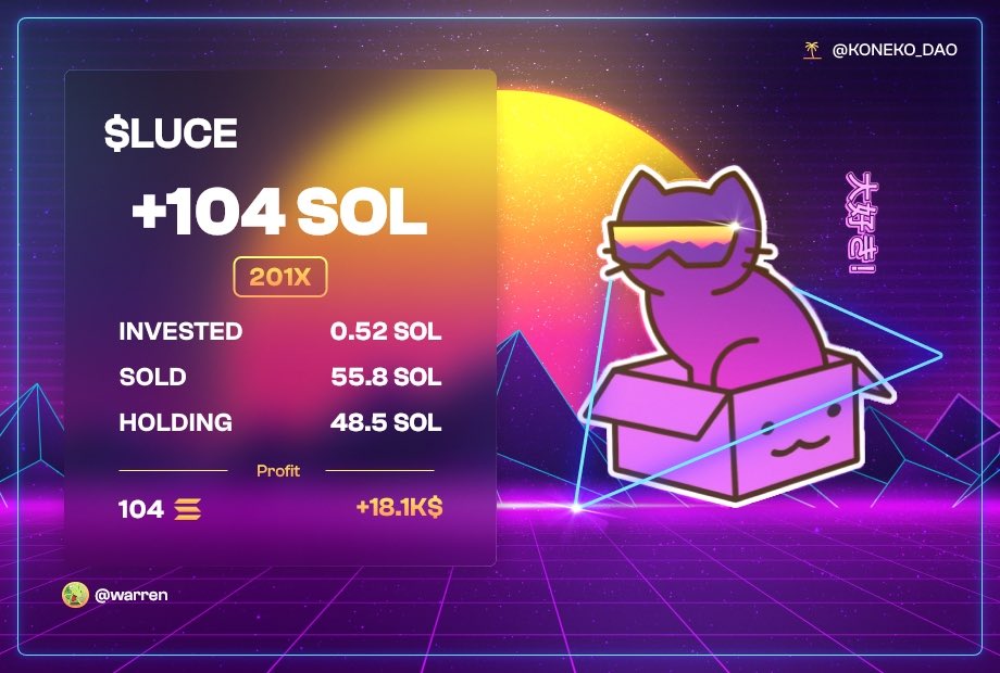 Koneko_DAO's tweet image. Our member jdubbs called a juicy play in our private discord and warren hit a .5 to 100 sol from it

A good community is the most important thing to any trader 

Link in our bio to join