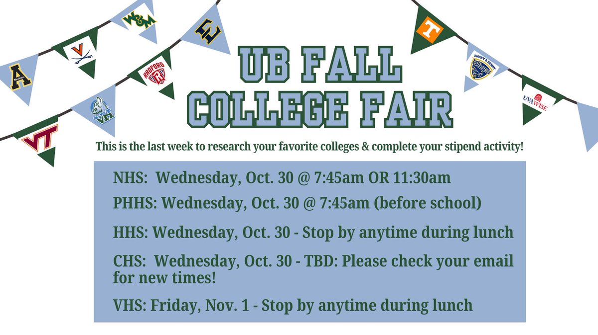 vhccupwardbound's tweet photo. This is last week of our Fall College Fair series and the last week to complete your stipend activity for October! Bring your Chromebook/Laptop! https://t.co/2ENUsW8yrO