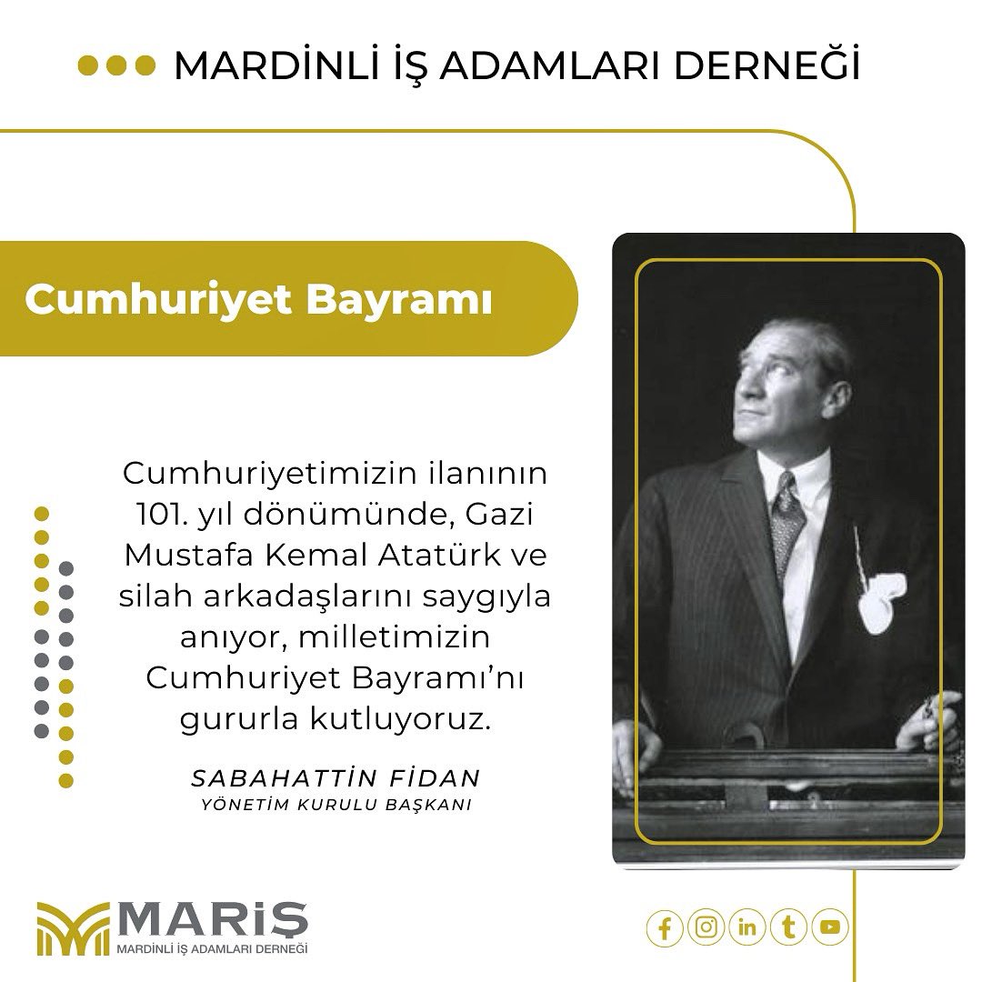 Cumhuriyetimizin ilanının 101. yıl dönümünde, Gazi Mustafa Kemal Atatürk ve silah arkadaşlarını saygıyla anıyor, milletimizin Cumhuriyet Bayramı’nı gururla kutluyoruz.

#maris #29ekim #cumhuriyet
