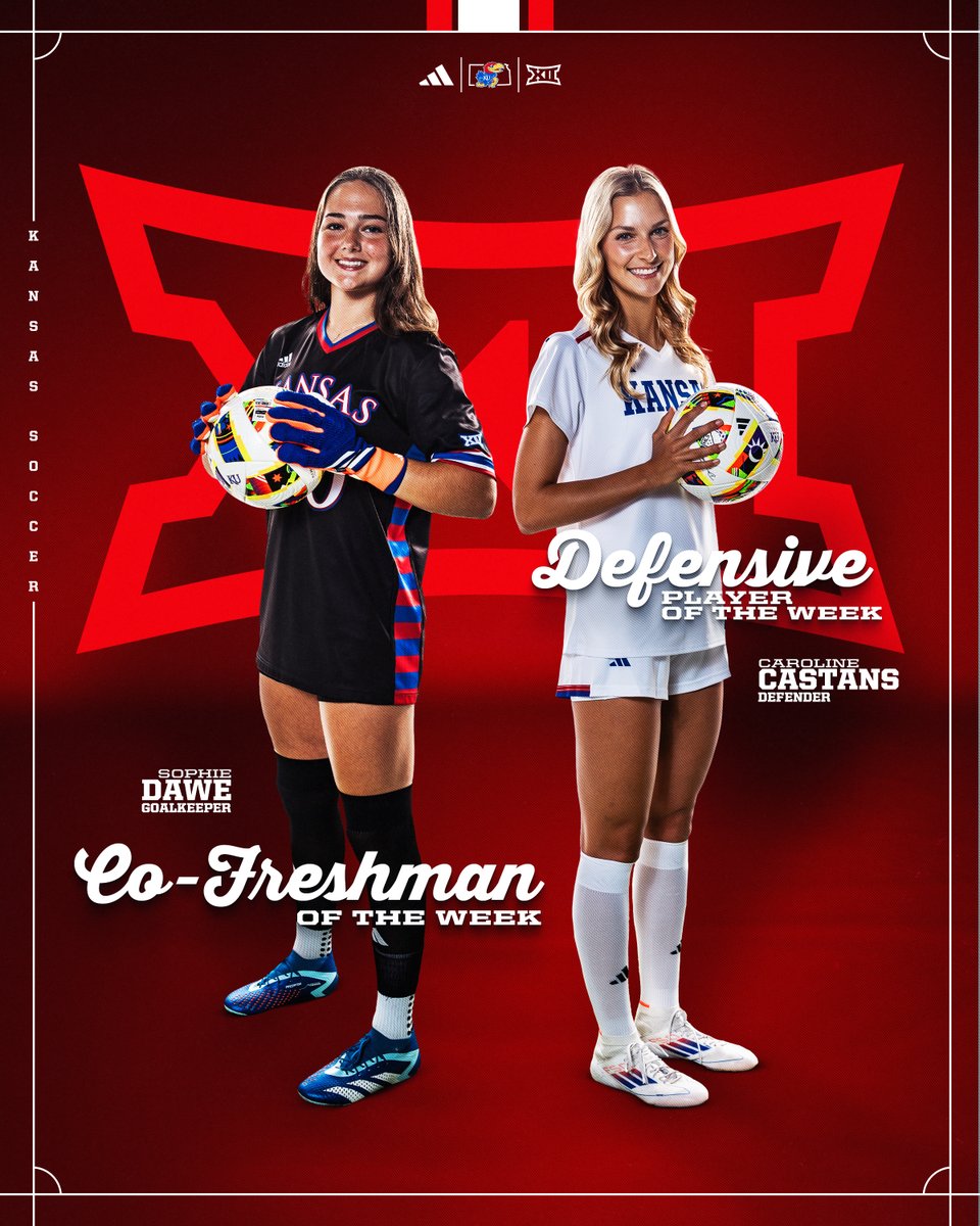 KUWSoccer's tweet photo. Congrats to our Big 12 Weekly Award Winners:

🔴 Sophie Dawe, Co-Freshman of the Week

🔵 Caroline Castans, Defensive Player of the Week

More information: https://t.co/citug7agvM

#RockChalk https://t.co/6jxnS2T37m
