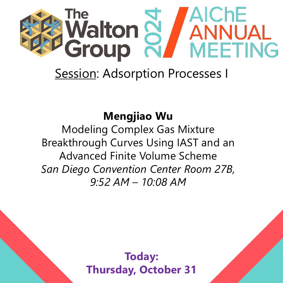 Day 5 of #AIChE2024! Mengjiao Wu will present her work on breakthrough curve modeling of complex multicomponent gas mixtures using IAST and a finite volume scheme. Looking forward to meeting you all there!